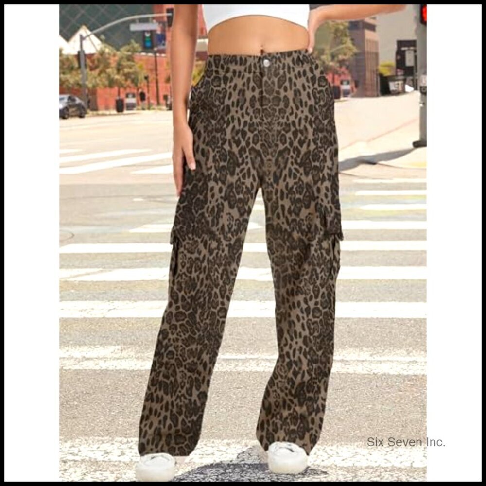 High Waist Wide Leg Cargo Pants Stretchy Pull On Baggy Casual - Picture 3 of 6